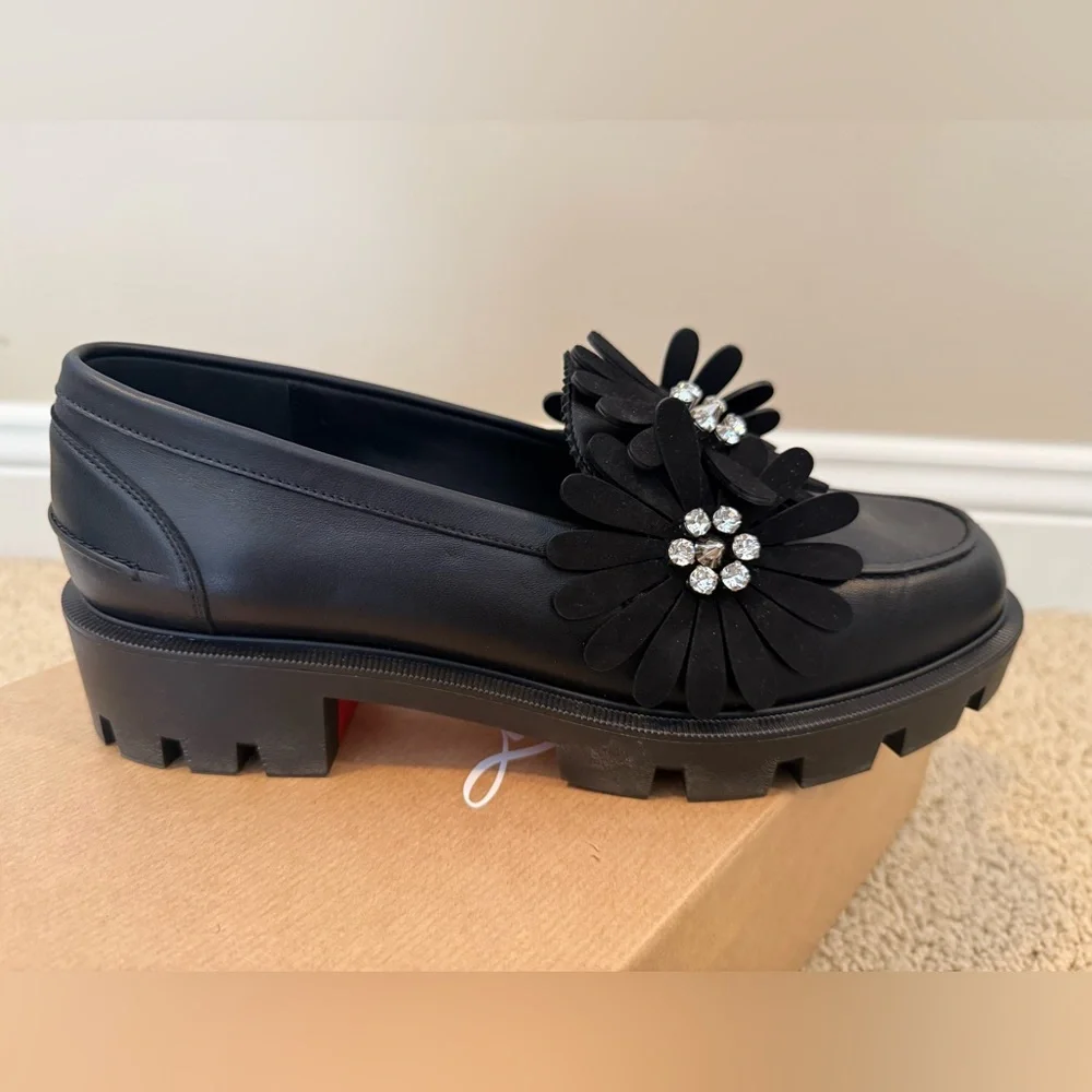 Christian Louboutin Black Loafers with Floral Embellishments - Picture 5 of 11